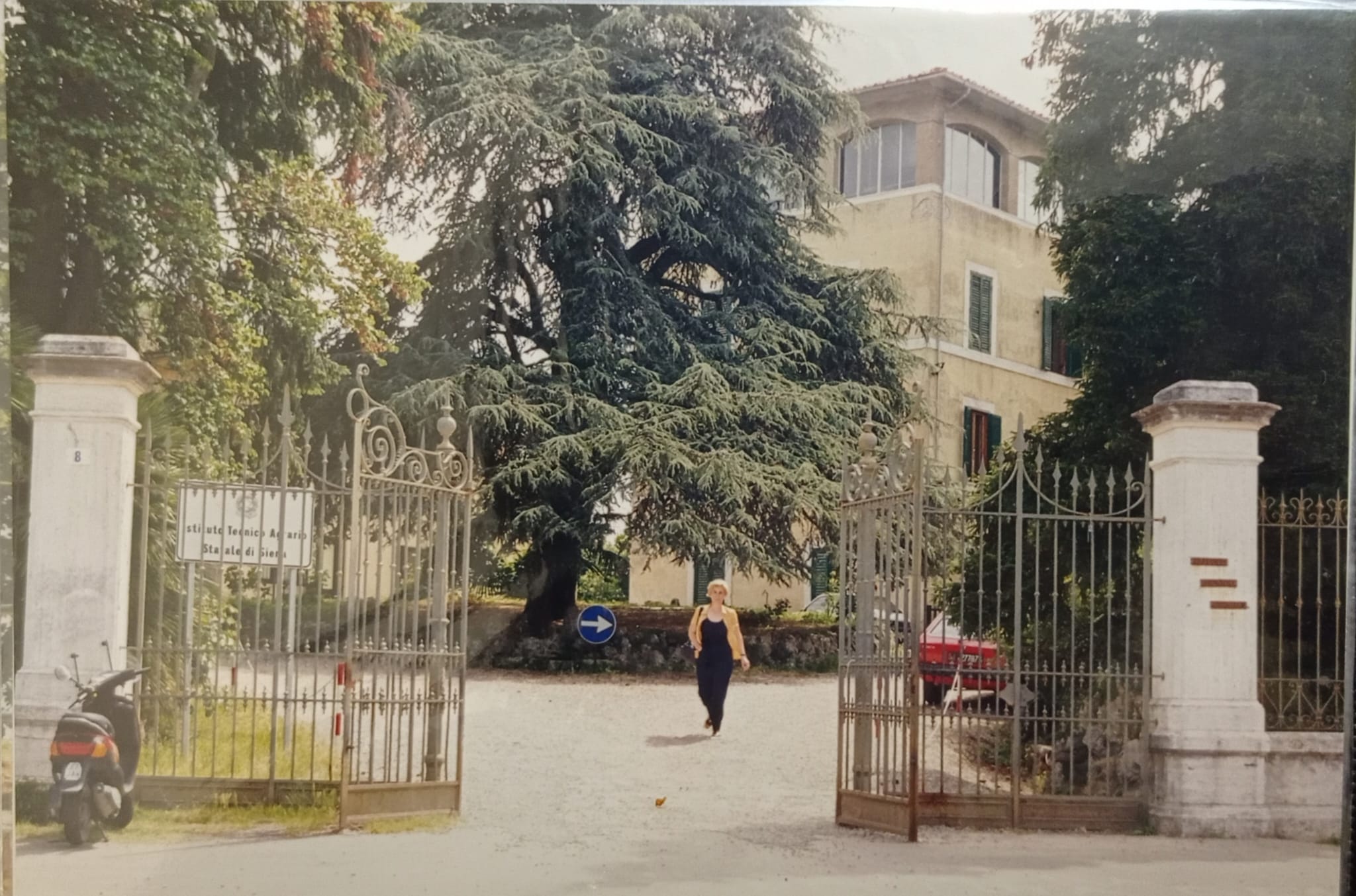 La professoressa davanti al cancello della scuola